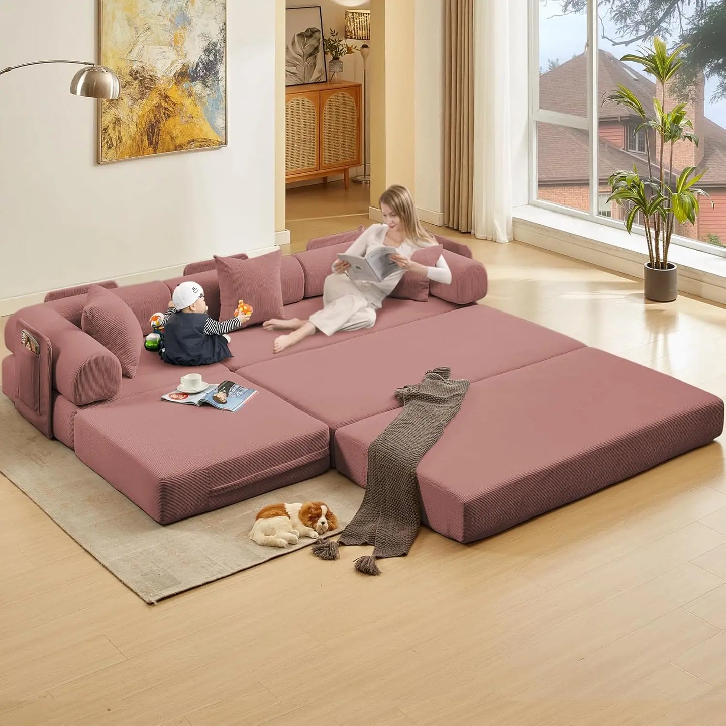 L Shaped Modular Sofa Bed with Cylindrical Pillow & Reversible Chaise, Corduroy Folding Floor Convertible Sofa Couch Bed