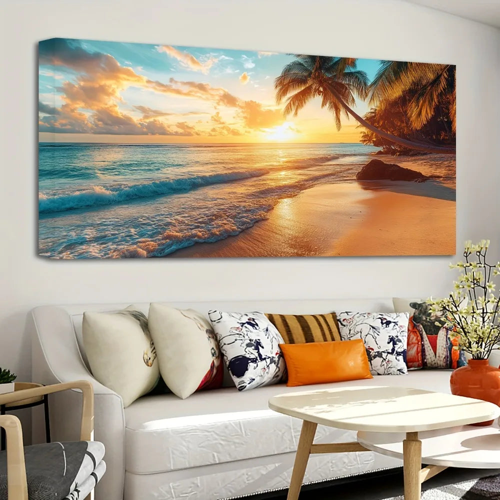 1.5 inch thick pine solid wood frame, natural scenery canvas mural, beach pictures, modern relaxing sunrise skyline painting