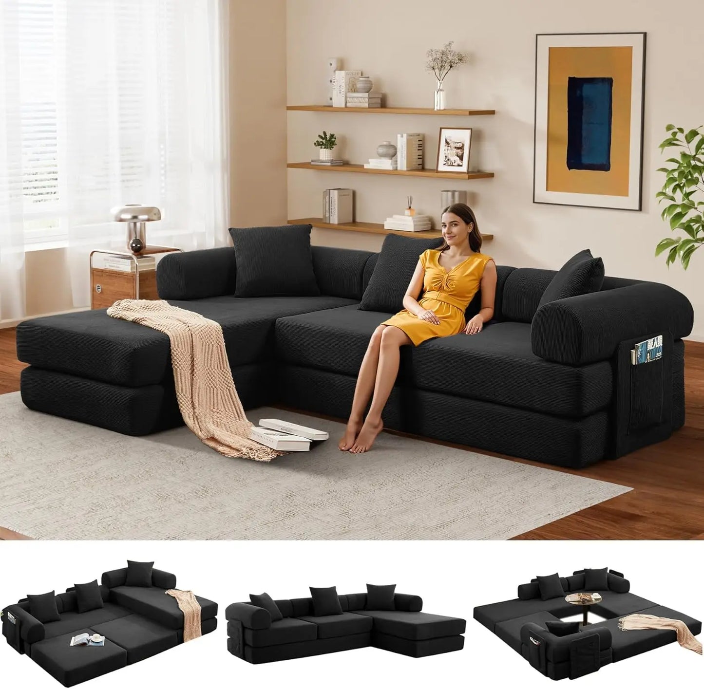 L Shaped Modular Sofa Bed with Cylindrical Pillow & Reversible Chaise, Corduroy Folding Floor Convertible Sofa Couch Bed