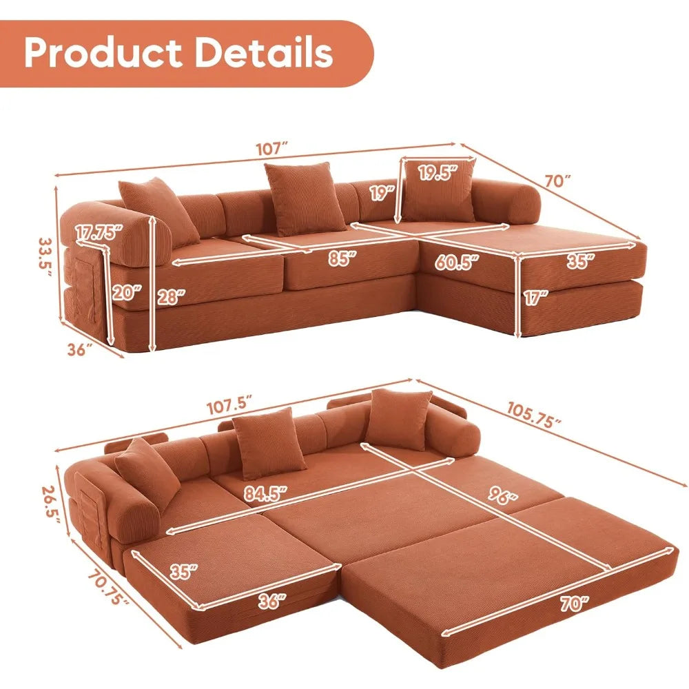 L Shaped Modular Sofa Bed with Cylindrical Pillow & Reversible Chaise, Corduroy Folding Floor Convertible Sofa Couch Bed