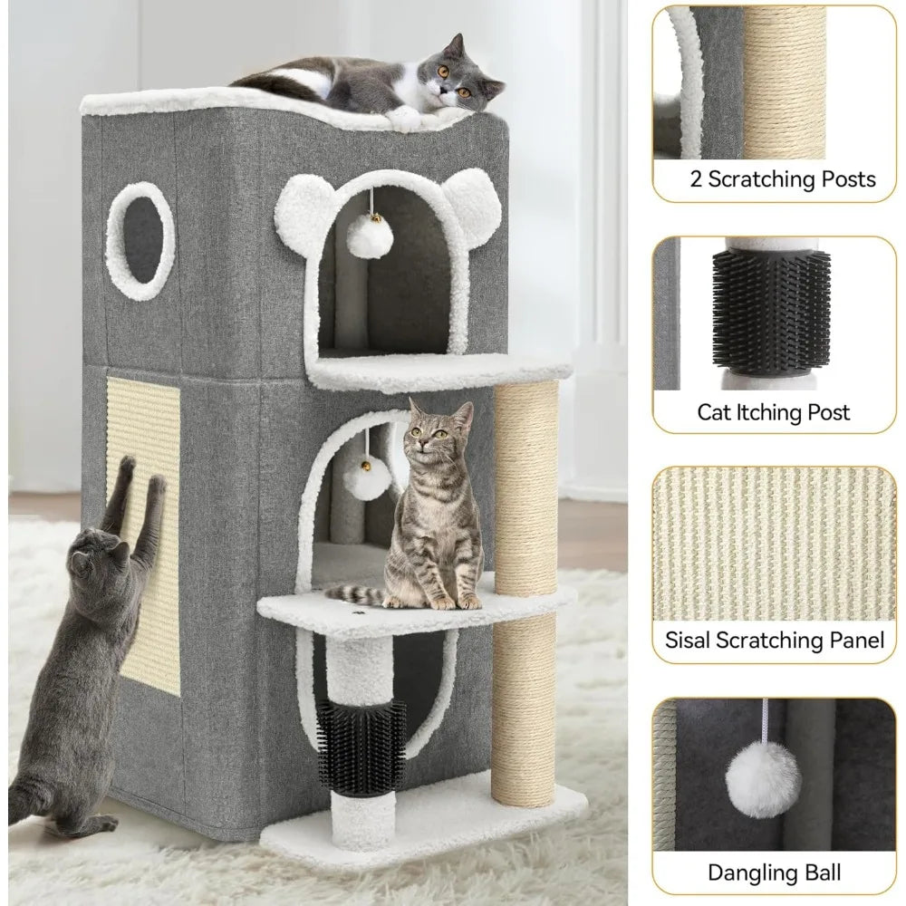 YITAHOME 3-Tier Cat House, Cat Beds for Indoor Cats, Modern Cat Condo with Highway Cave, Scratch & Itching Post, Climbing Stand,