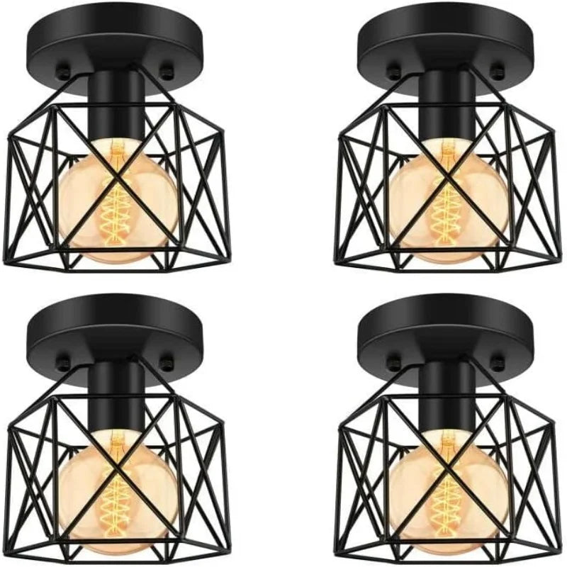 E26 Industrial Metal Cage Lights Fixtures Ceiling Mount, for Hallway Farmhouse Kitchen Bedroom Lighting (4 Packs)