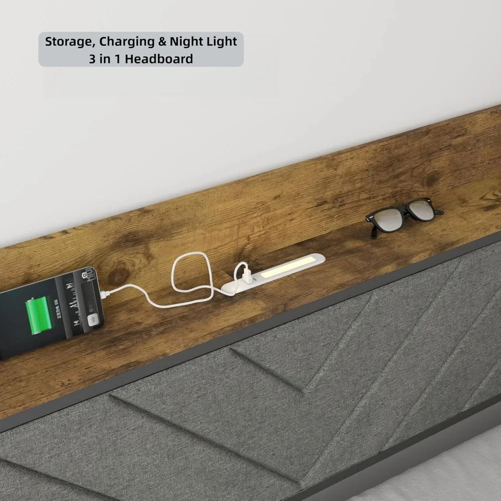 Heavy-Duty Metal Bed Frame with Storage Headboard, Charging Station, LED Light, and Noise-Free Design