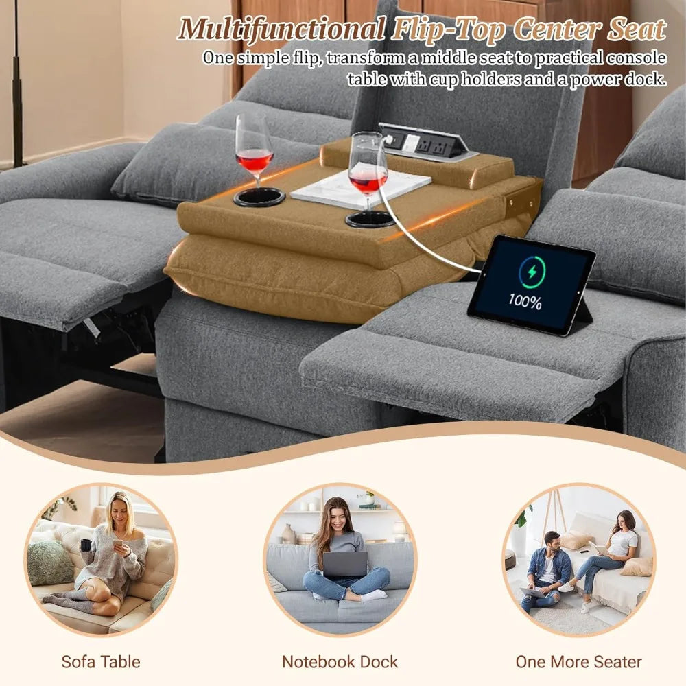 "74" 3-Seater RV Recliner Sofa - Flip Backrest & Drawer, USB/AC Ports & Cup Holders for Living Room"