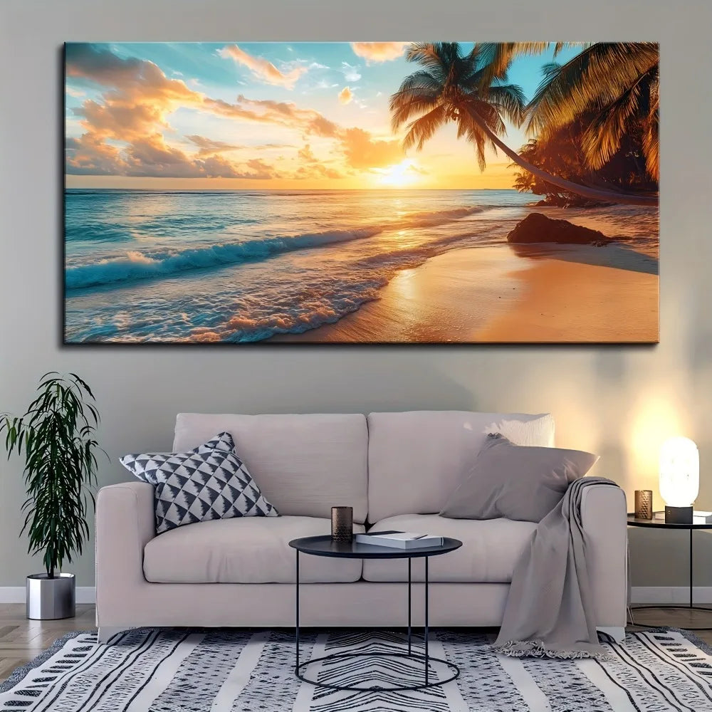 1.5 inch thick pine solid wood frame, natural scenery canvas mural, beach pictures, modern relaxing sunrise skyline painting