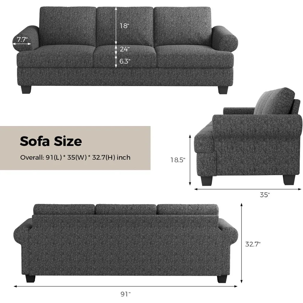 Extra Deep Seating 91 Oversized Mid-Century 3-Seat Sofa Couch in Dark Gray for Living Spaces and Lounges