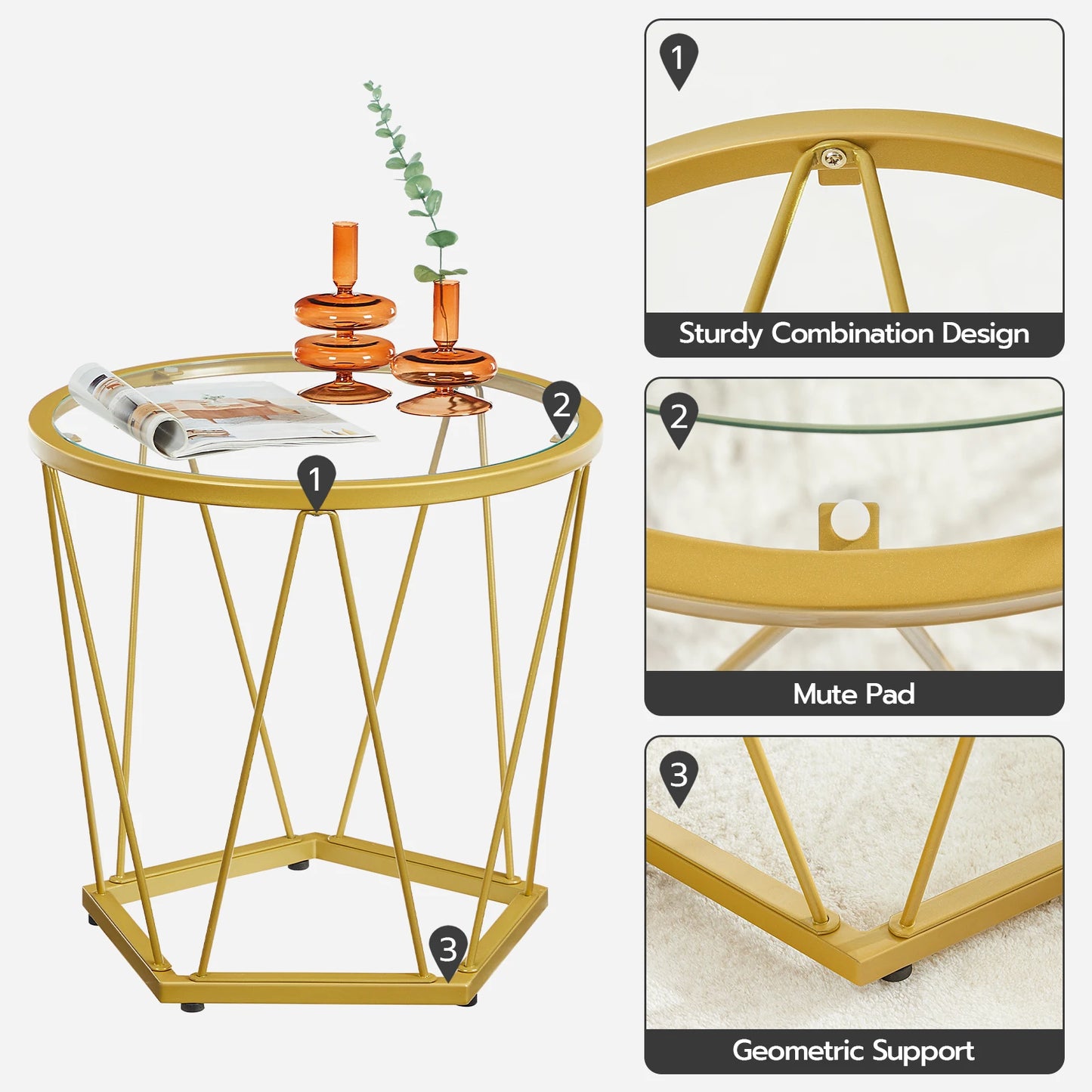 HOOBRO Coffee Table Set of 2 Round Coffee End Table with Metal Frame Glass Top Gold Side Table for Living Room and Balcony