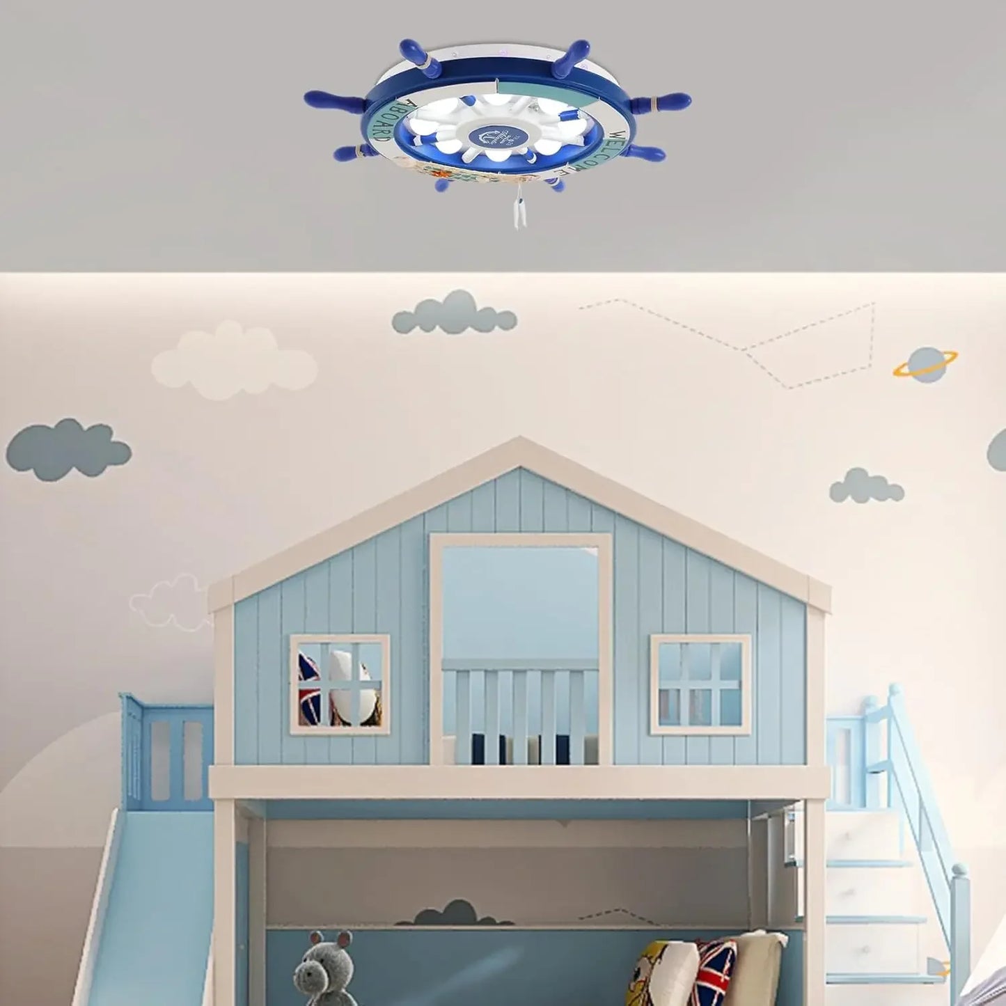 Nautical Style Ceiling Flush Light with Rudder Wood Shade, 8 Bulbs Flush Mount Ceiling Light Modern LED Ceiling Lamp