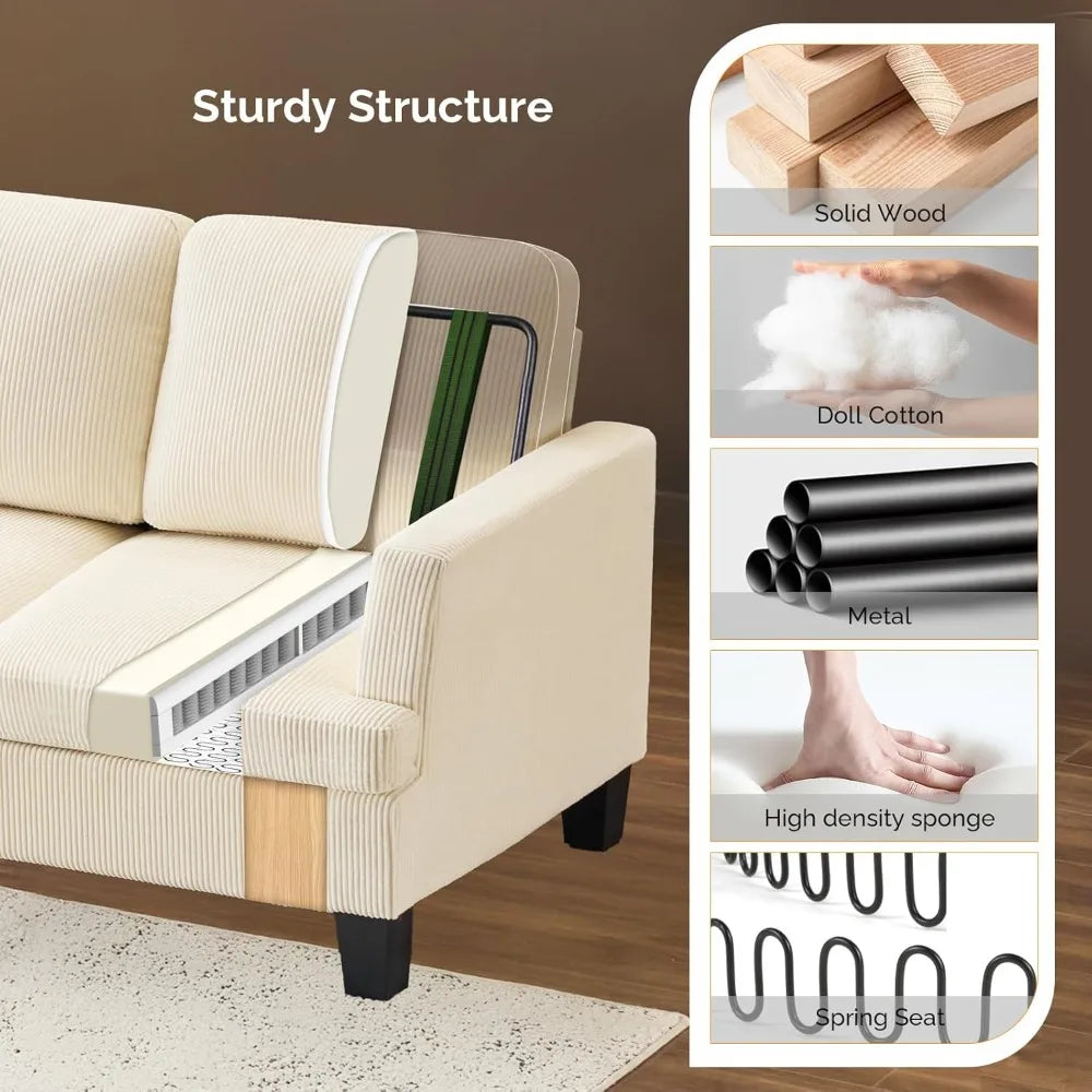 Beige 83 Sofa Couches for Living Room, Corduroy Modern Comfy 3 Seater Couch 25.6 Deep Seat Upholstery Cozy Sofas for Small