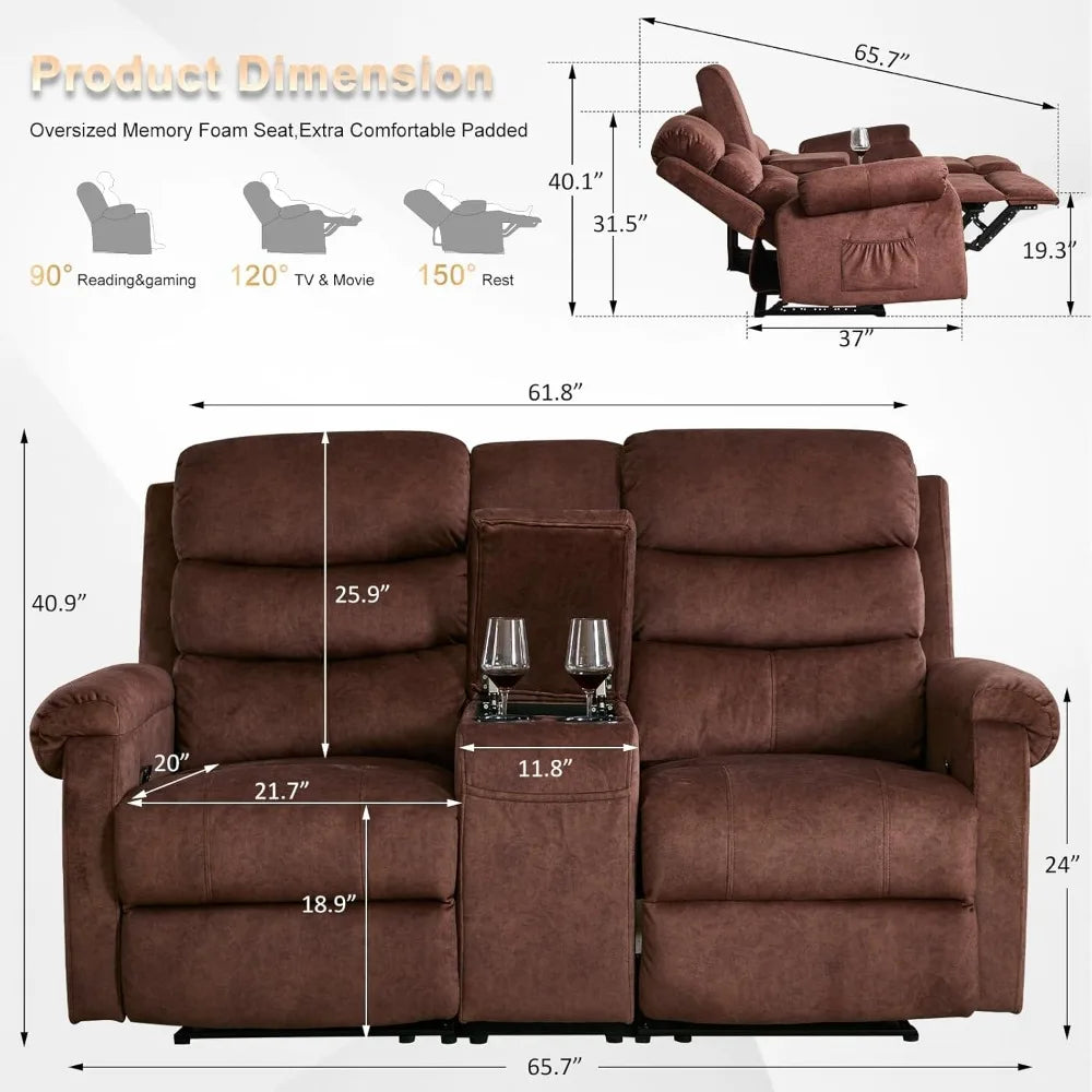 65.7" Manual Loveseat Recliner Sofa with Storage Console, Cup Holders and Side Pockets, Dual Reclining Sofa for Living Roo