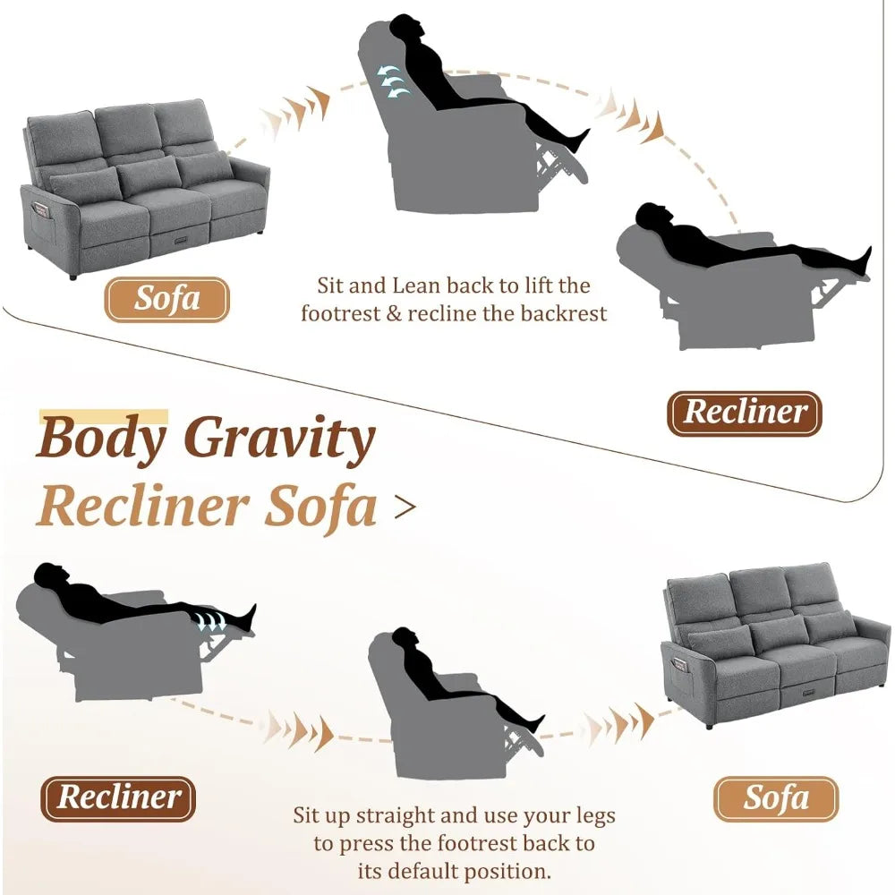 "74" 3-Seater RV Recliner Sofa - Flip Backrest & Drawer, USB/AC Ports & Cup Holders for Living Room"