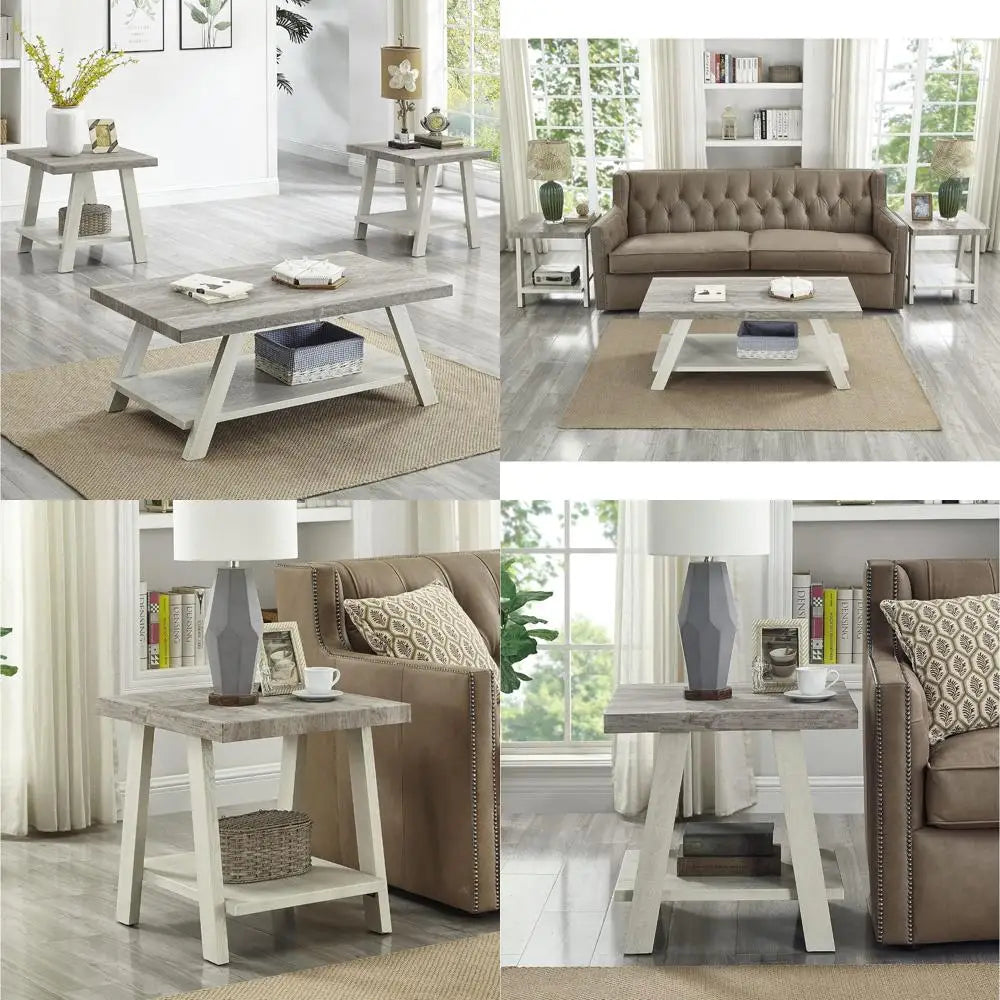 Roundhill Furniture Athens Contemporary 3-Piece Wood Shelf Coffee Table Set, Weathered Gray and Beige