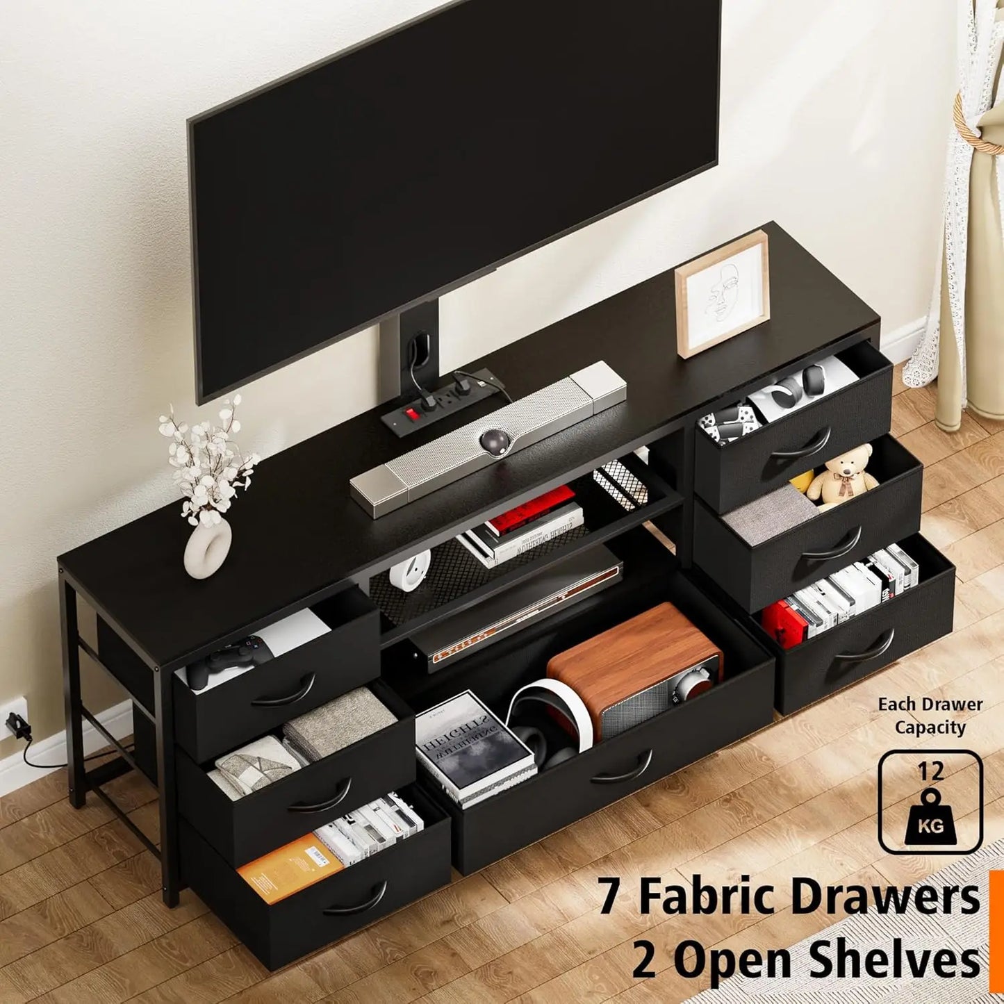 TV Stand with Mount and 7 Fabric Drawers, Led Entertainment Center Power Outlets for 32 45 55 60 65 70 inch TVs, Black Dresser