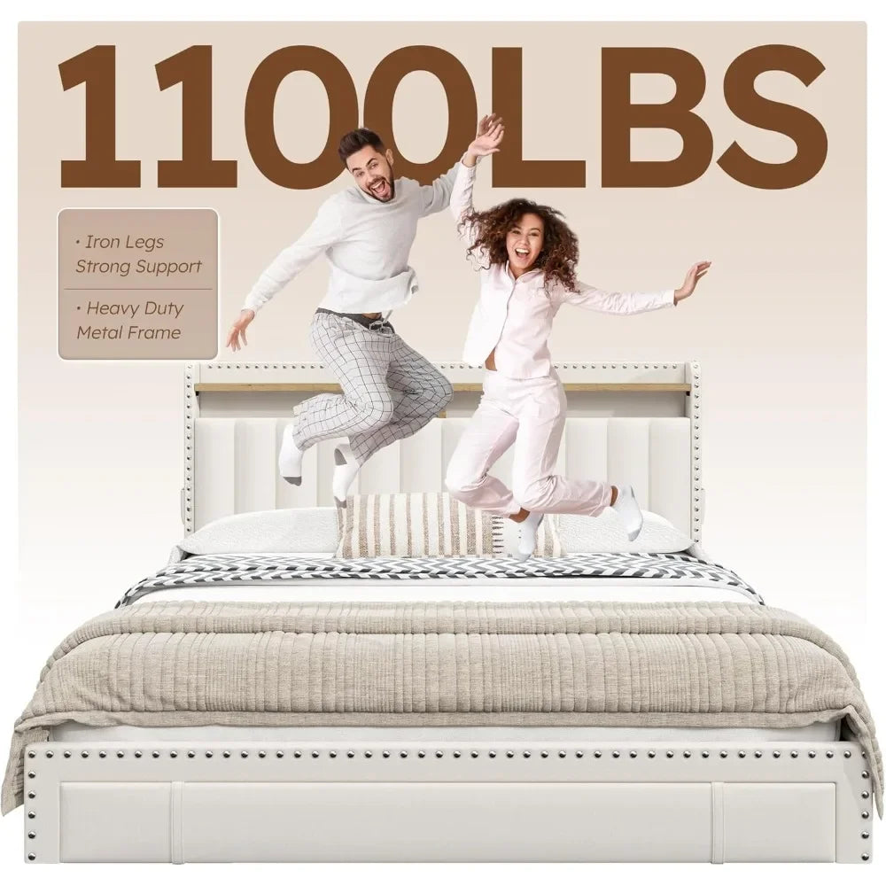 BEST SALE-Queen Bed Frame with 3 Drawers,Bed Frame Queen Size with Upholstered Headboard and Storage,2-Tier Shelves shed