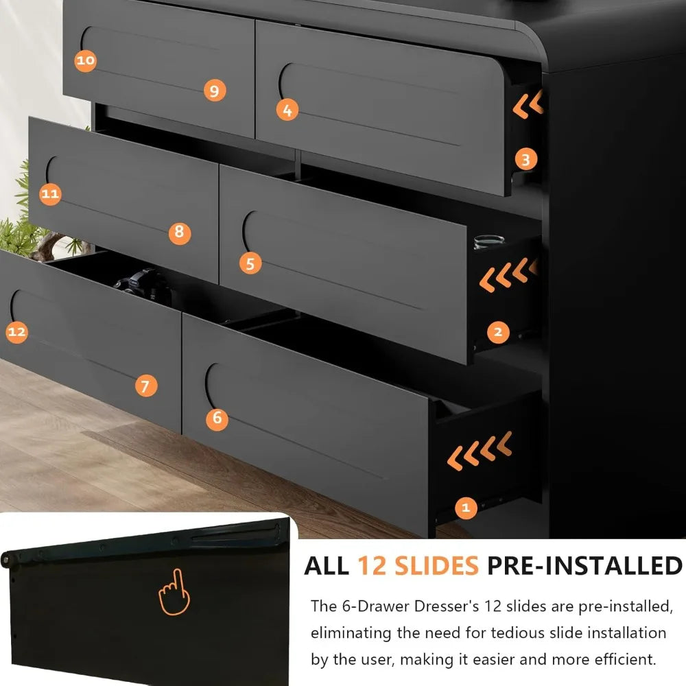 Modern 3-Piece Bedroom Furniture Set: Wooden 6-Drawer Dresser, Pair of 2-Drawer Nightstands, and Wide Chest of Drawers