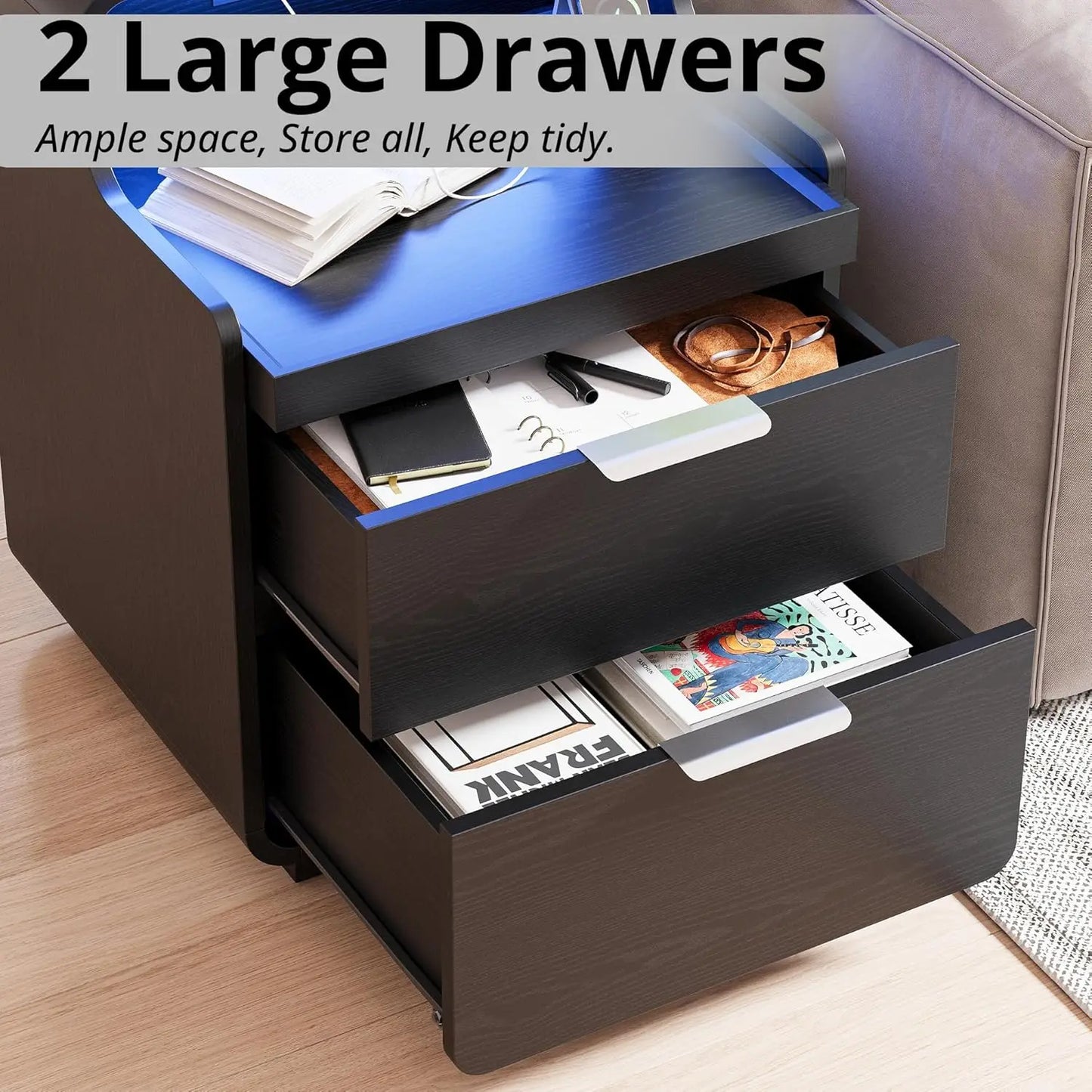 LIKIMIO Nightstand with Charging Station and LED Lights, Night Stand with Pull-Out Shelf, Bedside Table for Bedroom, Black