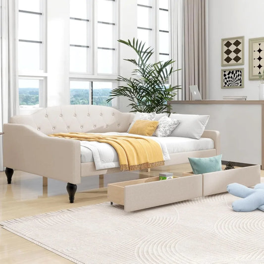living room sofa, Full Size Upholstered Tufted Daybed with Two Drawers,Linen Sofa Bed Small Space Bedroom Livingroom Guest Room
