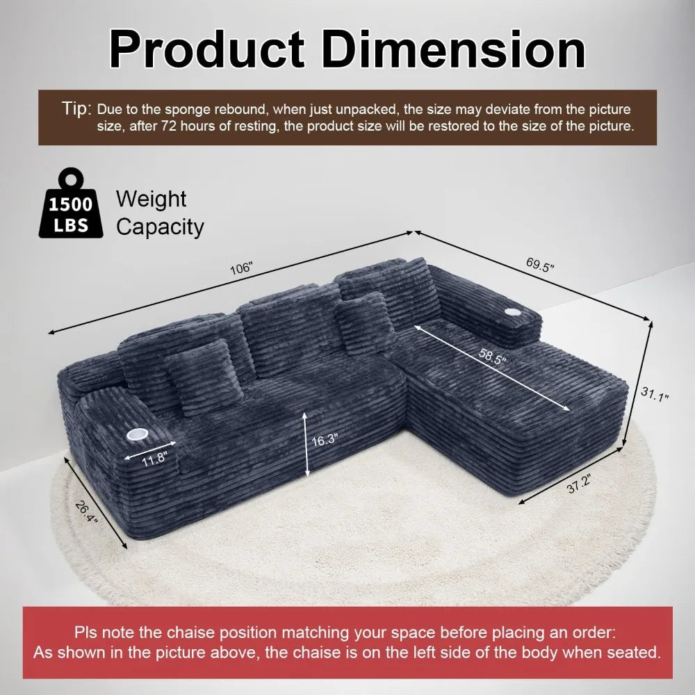 Cloud Sectional Couch with L-Shape Chaise, Modern Modular Sofa with Deep Seat, Built-in Cup Holder & Storage Pocket