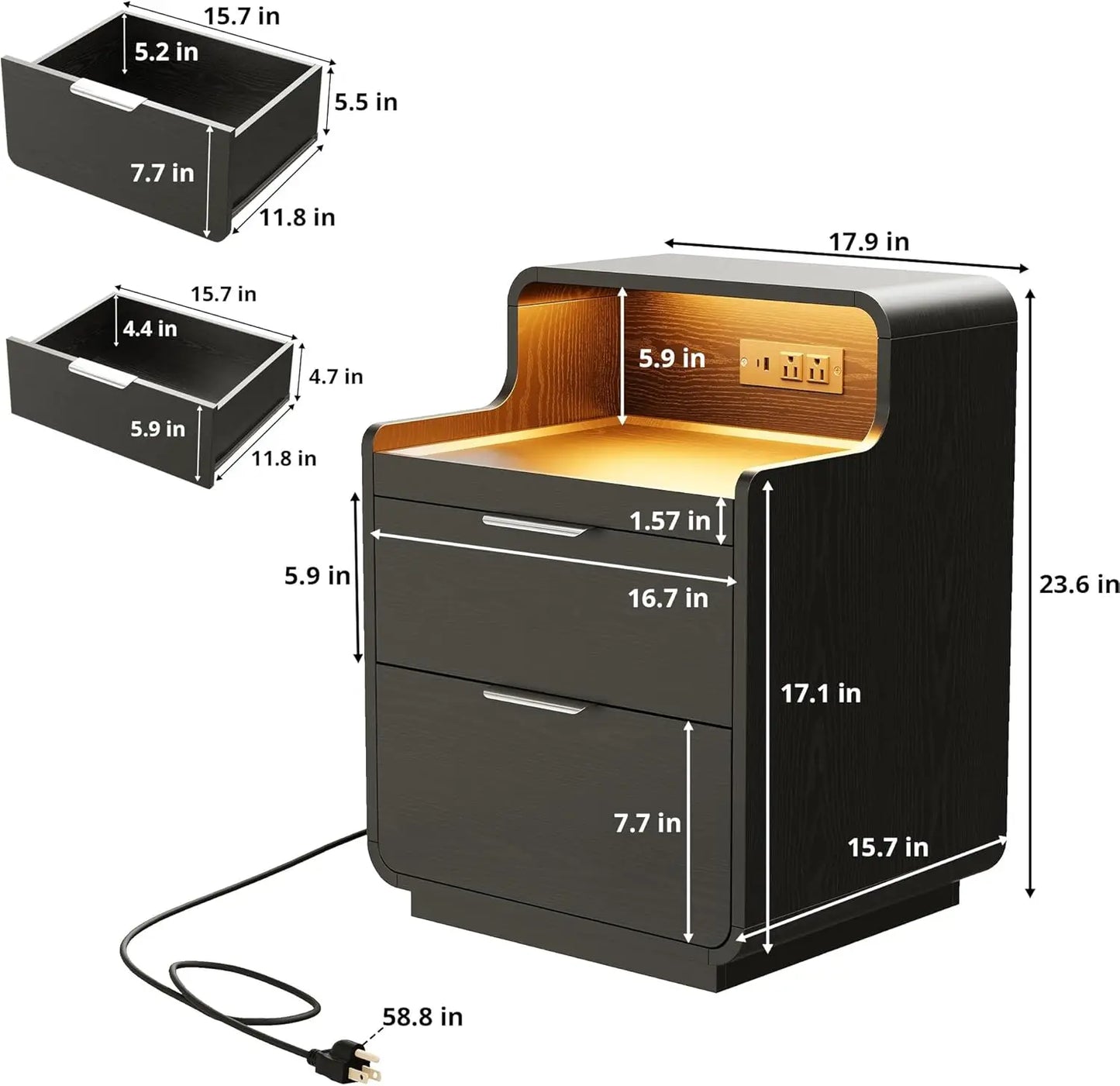 LIKIMIO Nightstand with Charging Station and LED Lights, Night Stand with Pull-Out Shelf, Bedside Table for Bedroom, Black