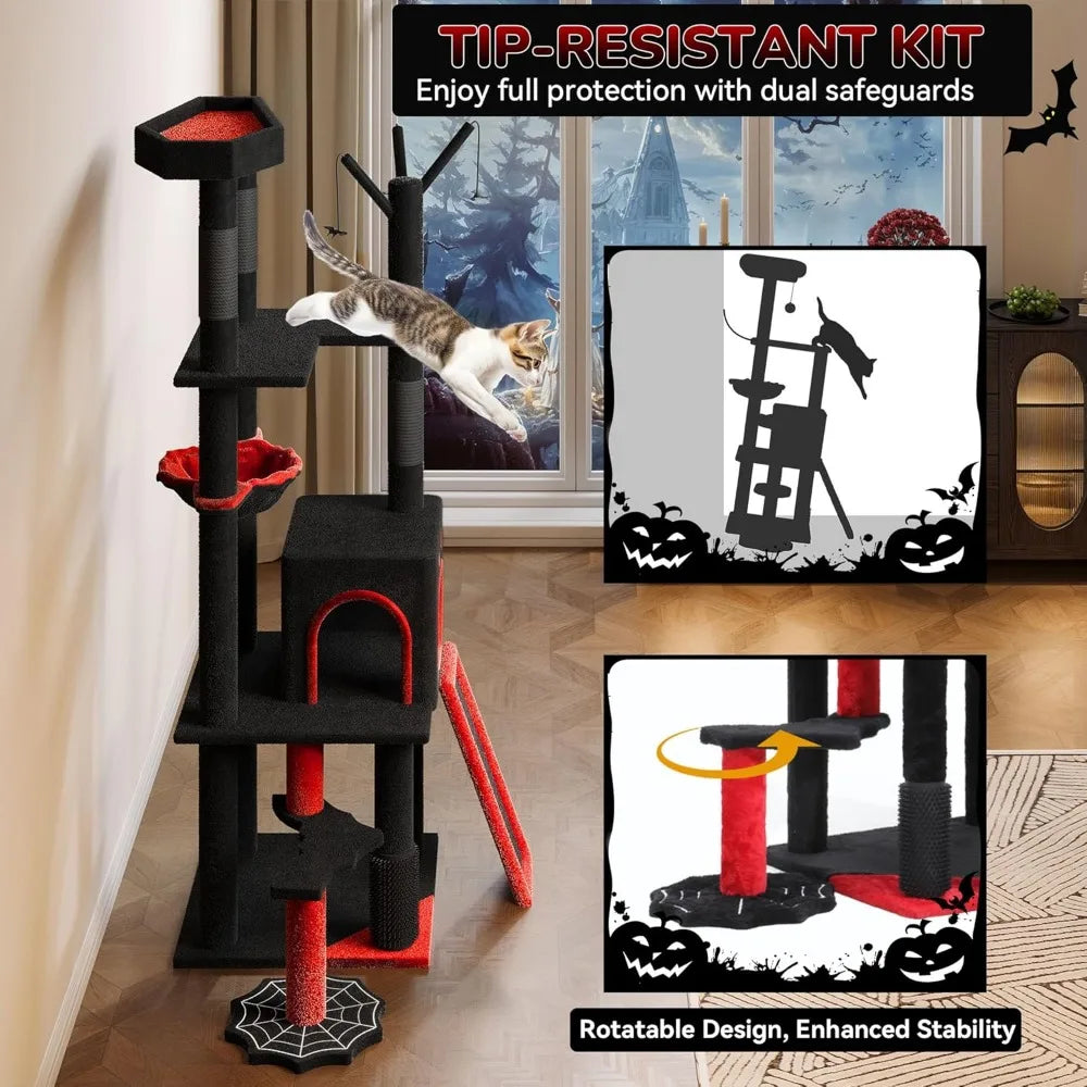 YITAHOME Gothic Cat Tree with Coffin Bed, 60" Tall Cat Tower for Indoor Cats with Top Perch, Spacious Cat Condos, Spider Hanging