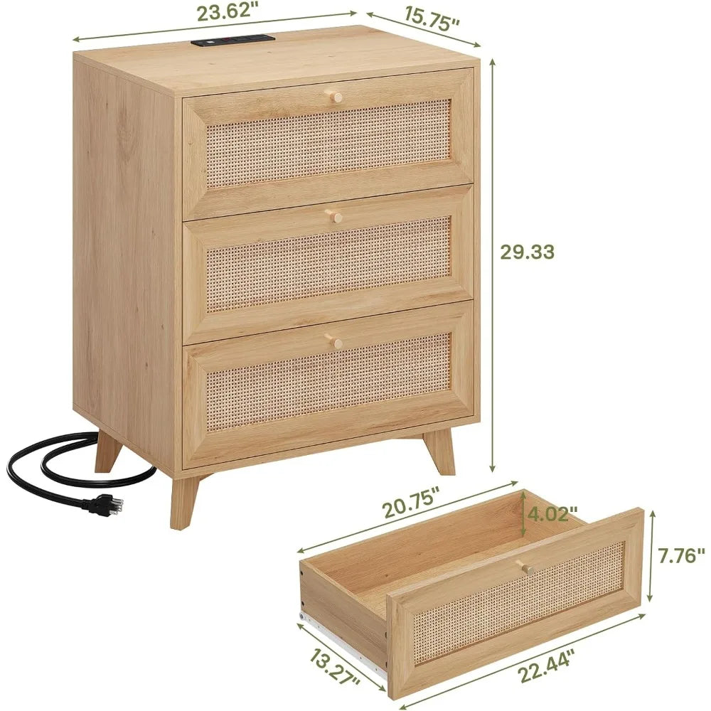 "set of 2 rattan bohemian nightstands with charging station, 3 drawers, 2 usb ports, and 2 ac outlets"