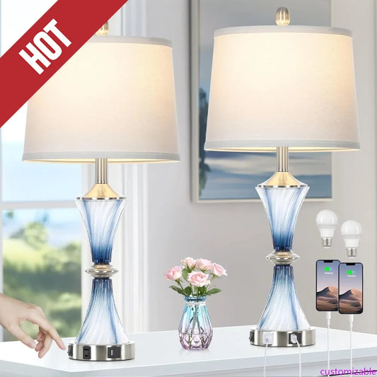 Customizable-Blue Glass Table Lamp Set Of 2 With USB C+A Ports & AC Outlet, Bedside Lamp, Modern Bedroom Lamps, Coastal Lamp For