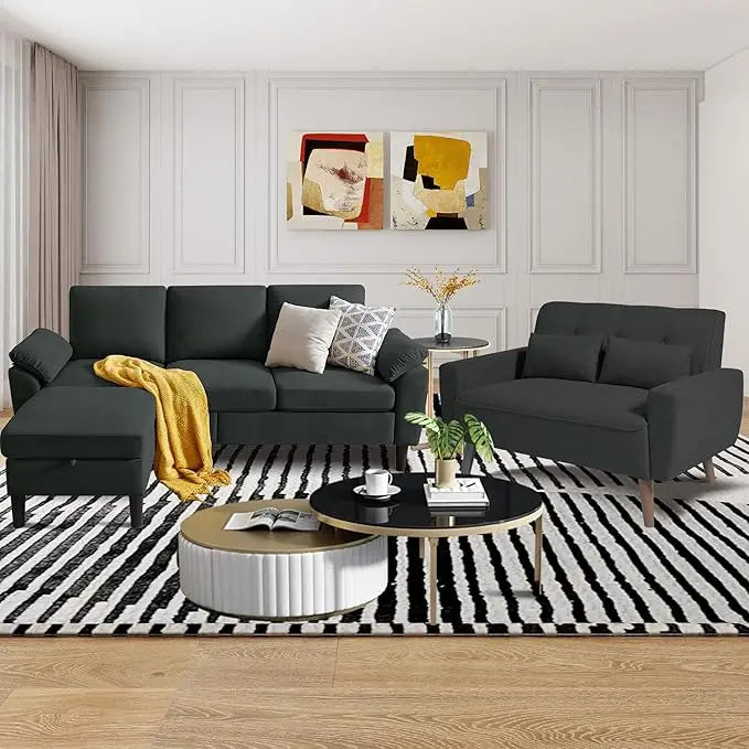 79" Convertible Sectional Sofa Set, Modern Linen Small L Shaped Couch with Reversible Chaise and Loveseat Sofa, 3-Seat Sofa