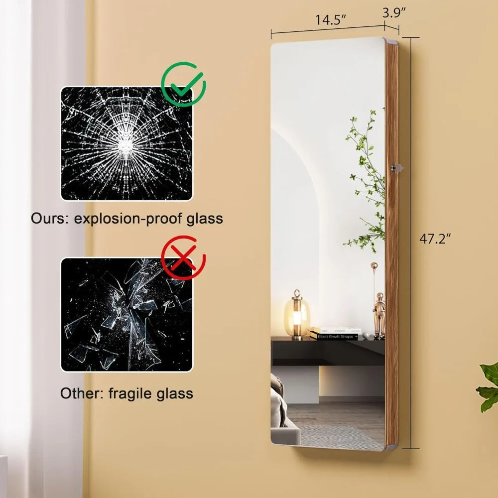 Wall-Mounted 47.2 Full-Length Mirror Jewelry Organizer with Over-the-Door Hanging Option