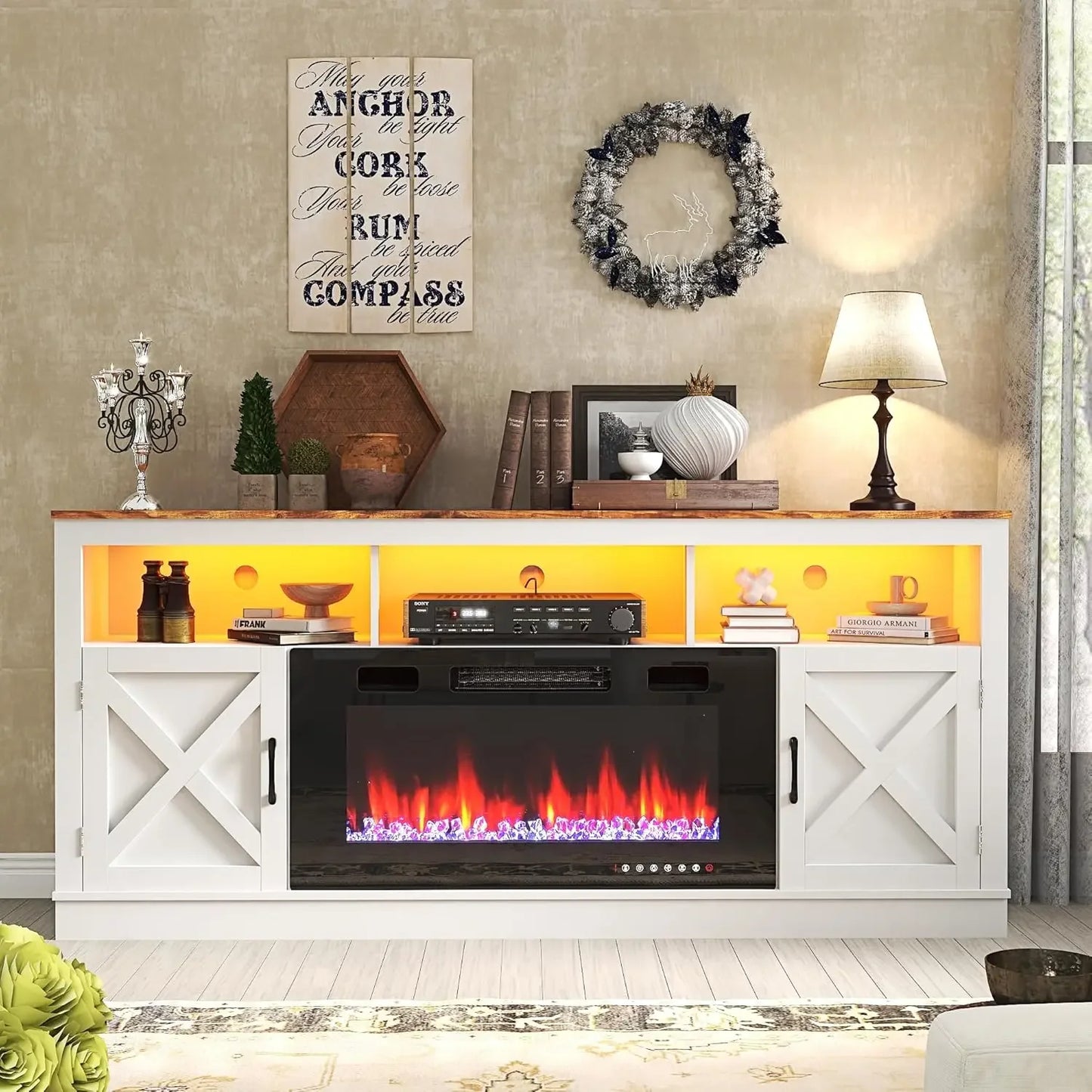 Farmhouse Fireplace TV Stand for 70/75/80 Inch TV, 32”Tall Entertainment Center w/ 36”Electric Fireplace and LED Light