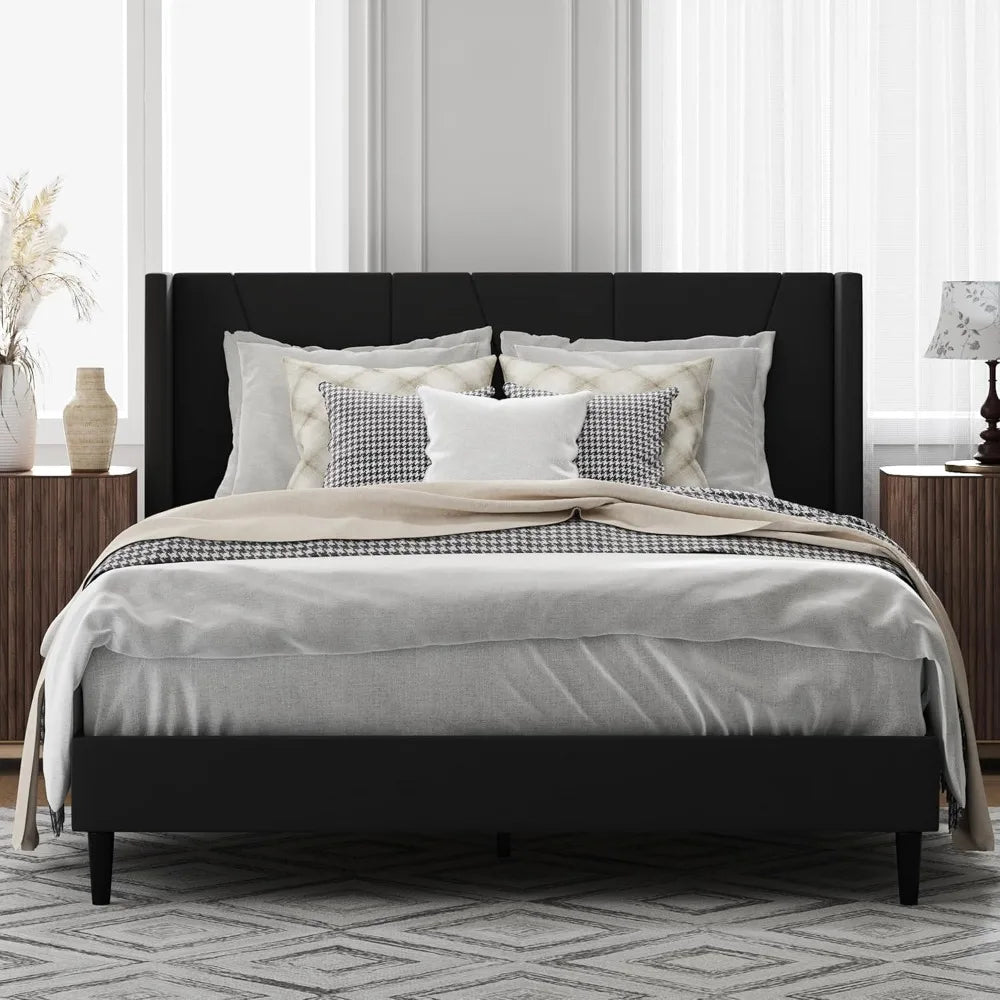 Full Size Tufted Headboard Upholstered Platform Bed with Wooden Slat Support, No Box Spring Needed