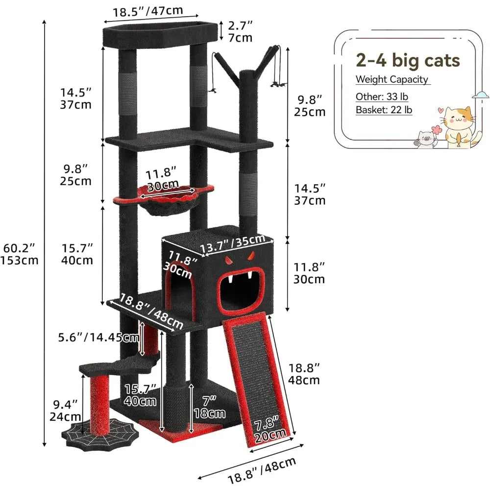YITAHOME Gothic Cat Tree with Coffin Bed, 60" Tall Cat Tower for Indoor Cats with Top Perch, Spacious Cat Condos, Spider Hanging