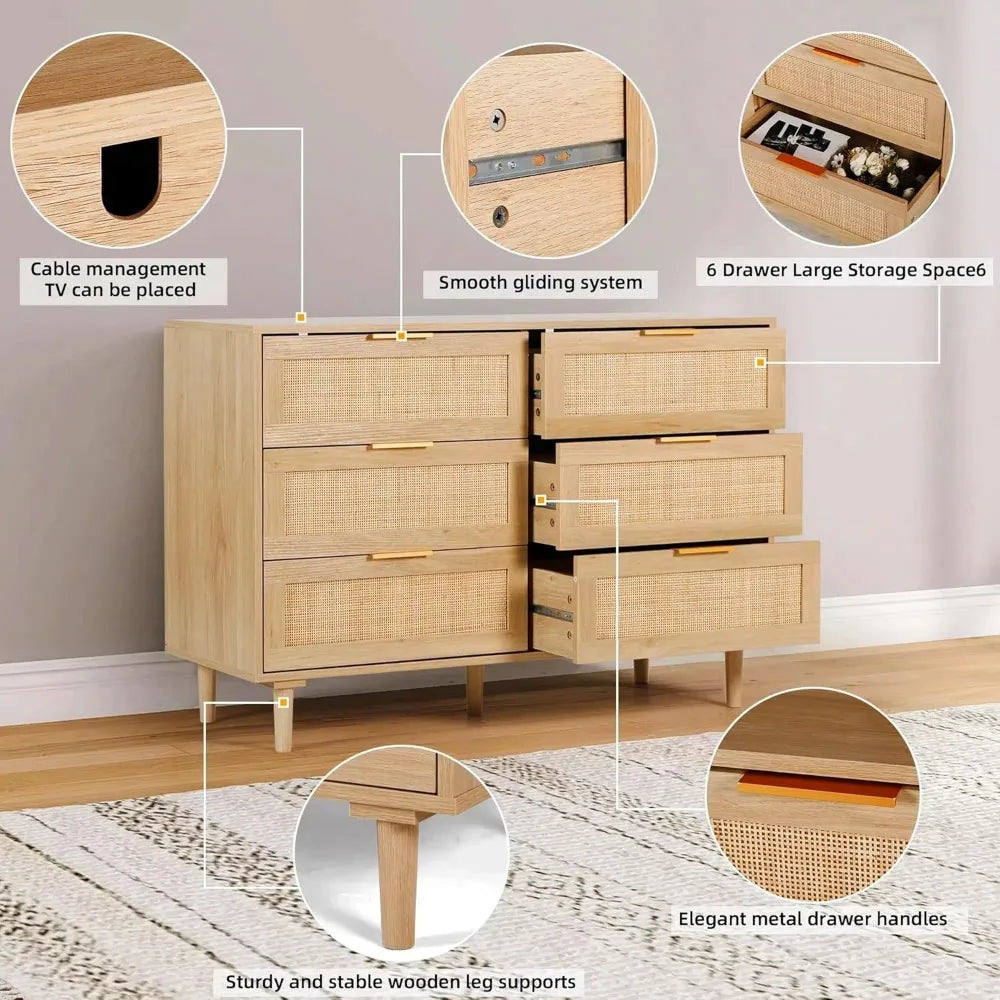 Rattan Dresser for Bedroom, Modern 6 Drawer Double Dresser with Gold Handles, Wood Storage Chest of Drawers fo Bedroom,Living Ro