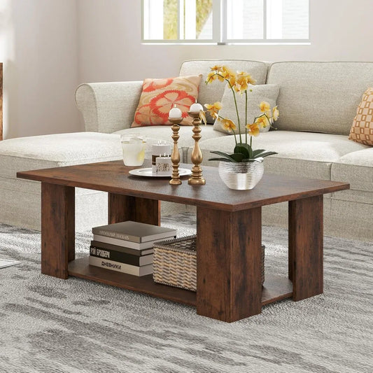 Rectangle Wood Center Table, 41" L 2-Tier Large Modern Tea Table w/Open Compartment, Easy Assembly, Accent Coffee Table