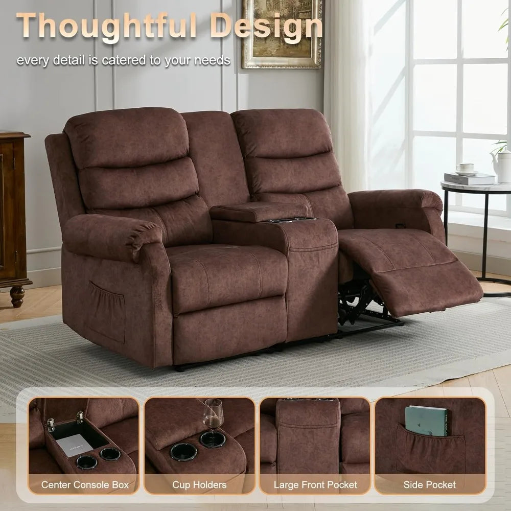 65.7" Manual Loveseat Recliner Sofa with Storage Console, Cup Holders and Side Pockets, Dual Reclining Sofa for Living Roo