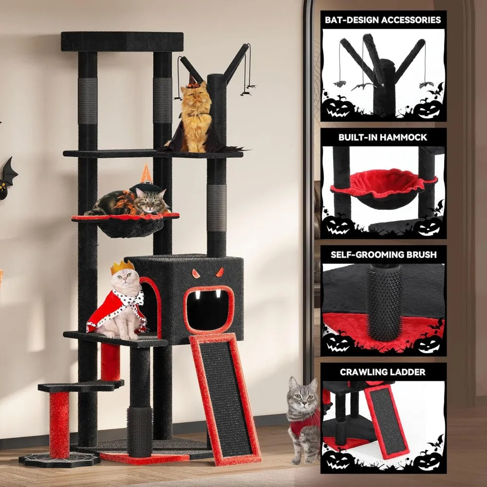 YITAHOME Gothic Cat Tree with Coffin Bed, 60" Tall Cat Tower for Indoor Cats with Top Perch, Spacious Cat Condos, Spider Hanging