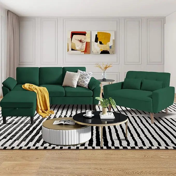 79" Convertible Sectional Sofa Set, Modern Linen Small L Shaped Couch with Reversible Chaise and Loveseat Sofa, 3-Seat Sofa