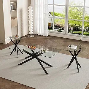 Living Room Set - Glass Coffee Table and 2 End Tables with Modern Design Set of 3 (Large Coffee Table + End Table x2, Gold)