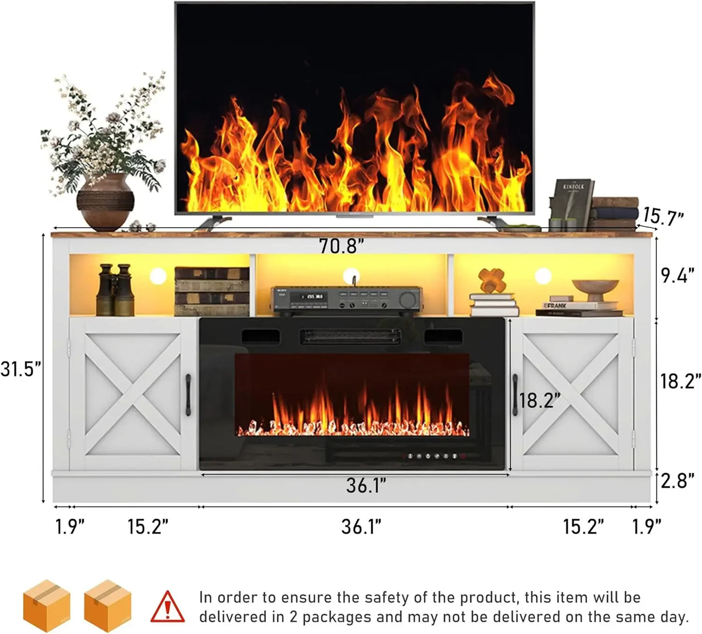Farmhouse Fireplace TV Stand for 70/75/80 Inch TV, 32”Tall Entertainment Center w/ 36”Electric Fireplace and LED Light