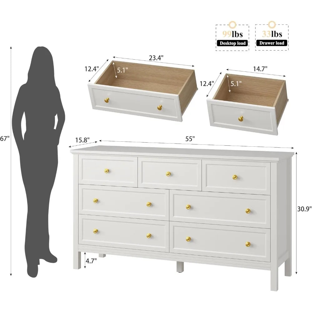 7 Drawer White Dresser for Bedroom, 55" Wood Dresser with Gold Handles, Wide Modern Chest of Drawers for Hallway, Entryway