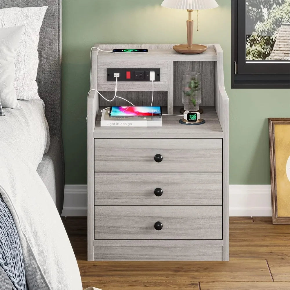 Nightstand with Charging Station, Night Stand with Hutch & Storage Drawers, End Table Side Table Bedroom,