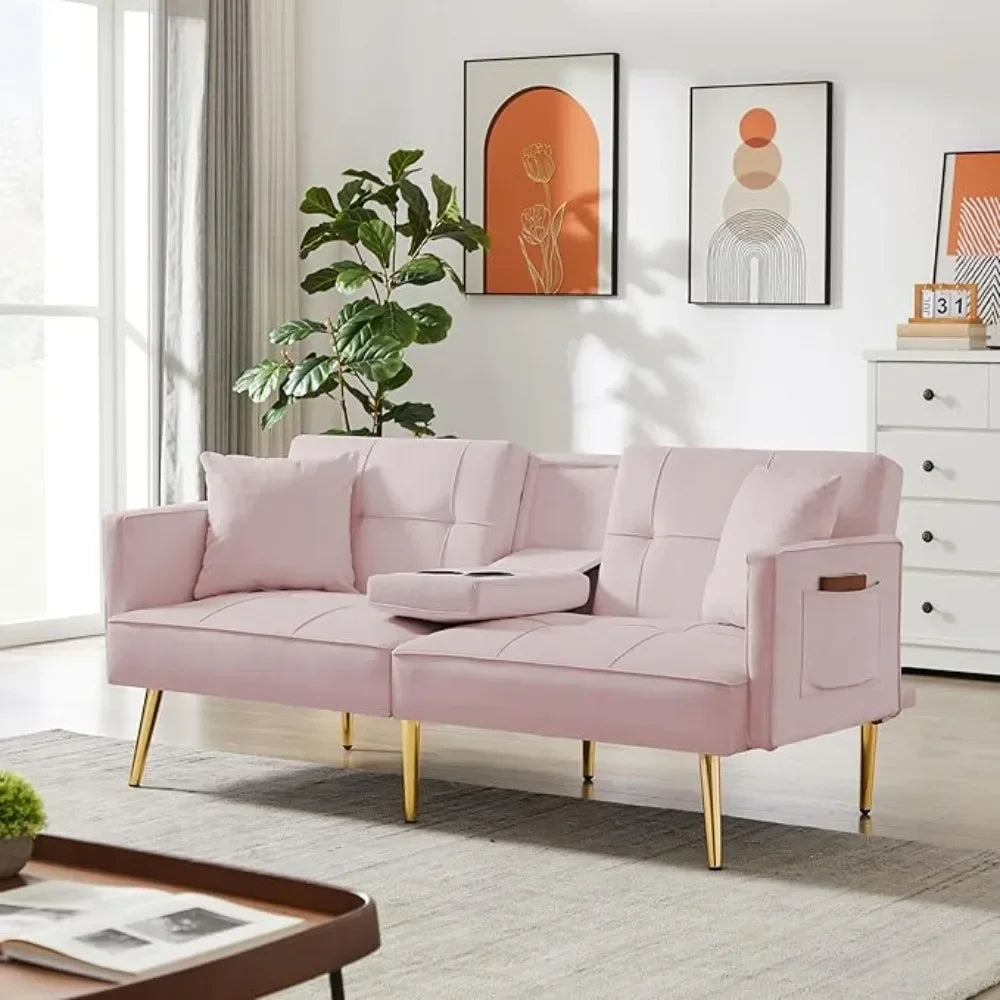 Futon Sofa Bed Convertible Daybed - Modern Linen Fabric Couch Bed with 2 Cup Holders & Removable Armrests, Multi-Functional Love