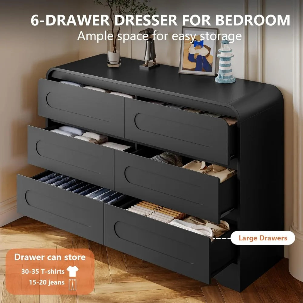Modern 3-Piece Bedroom Furniture Set: Wooden 6-Drawer Dresser, Pair of 2-Drawer Nightstands, and Wide Chest of Drawers