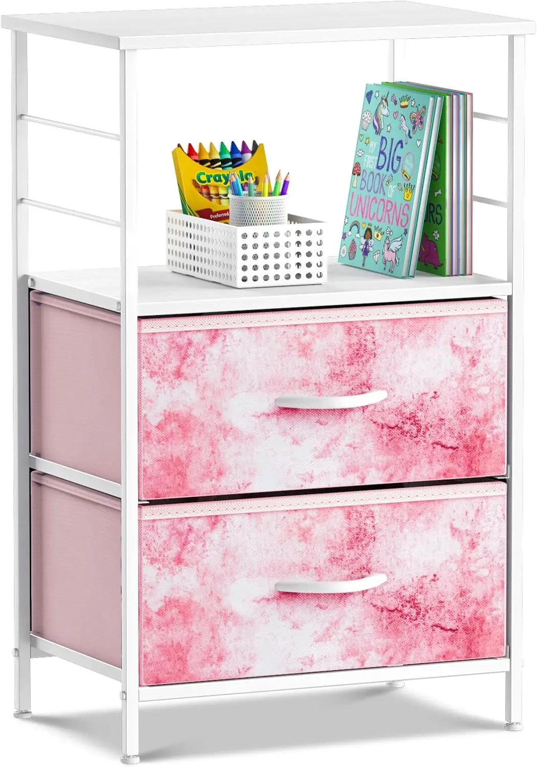 2 Drawer Shelf Storage Nightstand - Kids Bedside Furniture End Table Night Stand with Steel Frame Wood Top & Easy Pull Fabric Bi