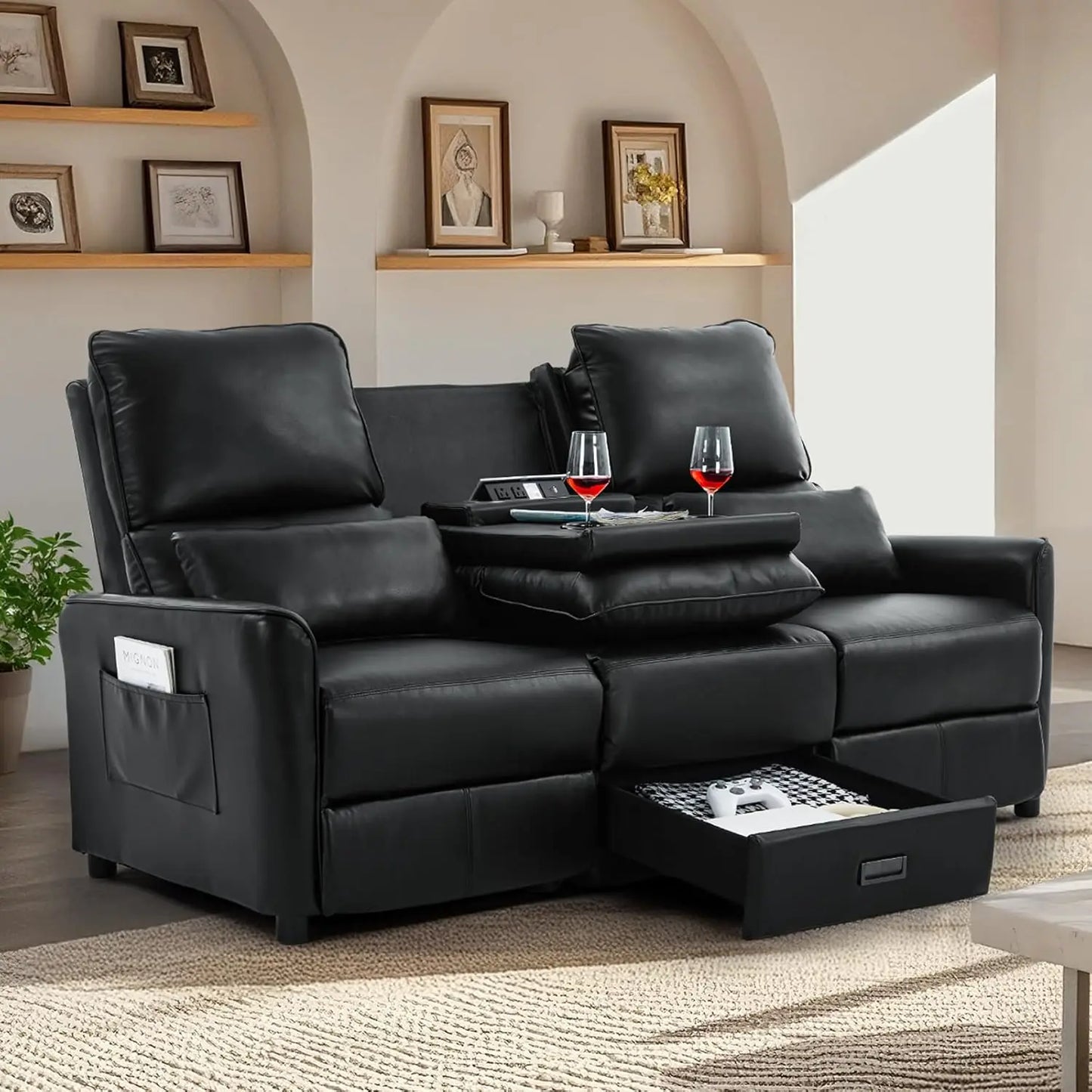 "74" 3-Seater RV Recliner Sofa - Flip Backrest & Drawer, USB/AC Ports & Cup Holders for Living Room"