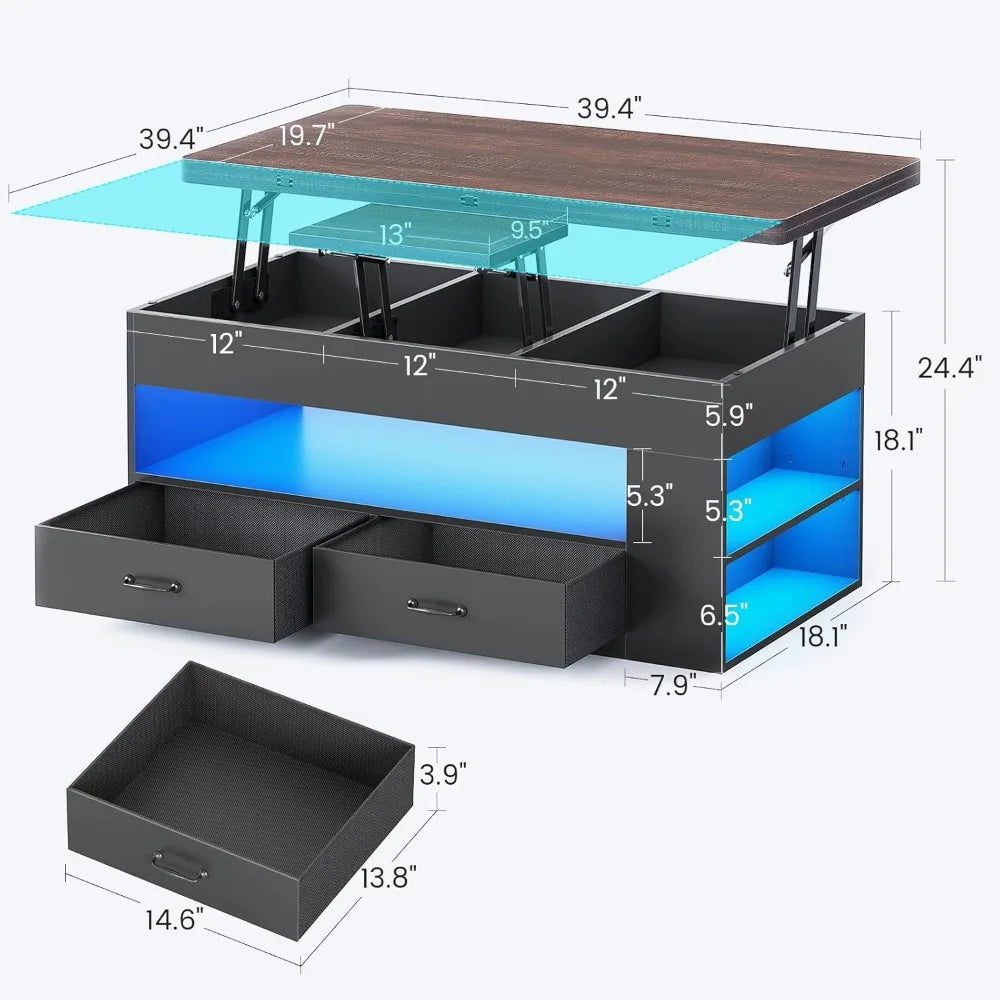 Lift Top Coffee Table, 4 in 1 Coffee Tables with Storage and Hidden Compartment, Farmhouse Coffee Table with 2 Fabric Drawers &