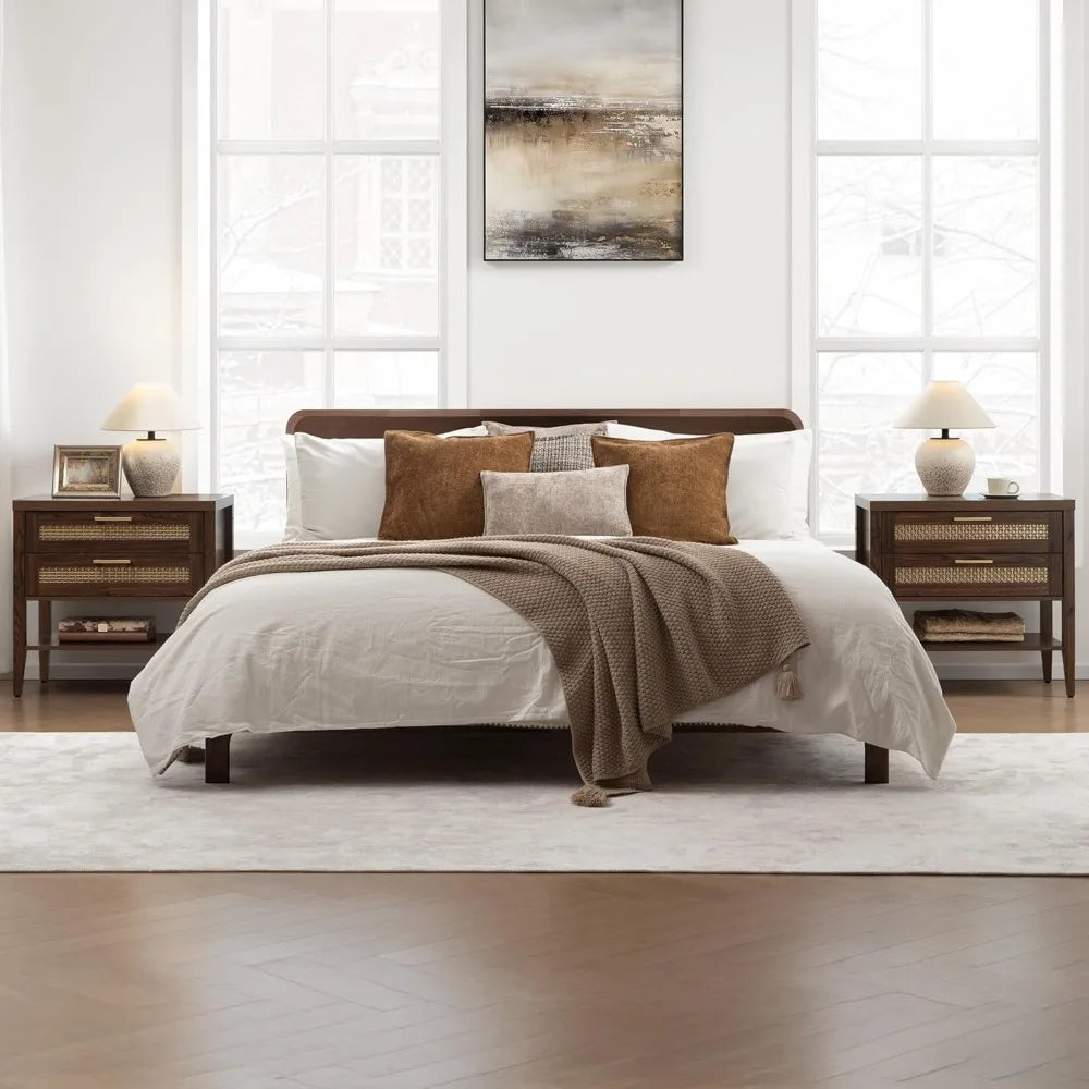 Large Night Stand Set 2, Nightstands Sets of 2 with Drawers and Shelf, Rustic Bedside Table for Bedroom, Mid Century Modern Nig