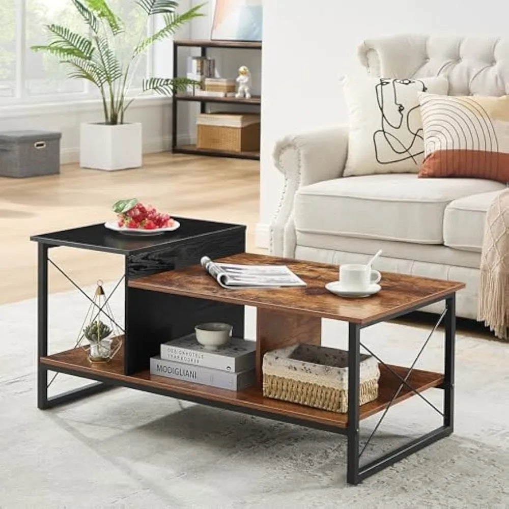 VECELO Wood 2-Tier Black Coffee Table with Storage Shelf for Living Room/Office Reception, Metal Frame & Wooden Tabletop, Modern
