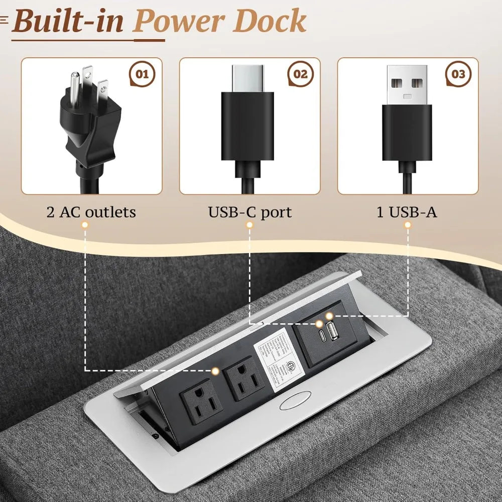 "74" 3-Seater RV Recliner Sofa - Flip Backrest & Drawer, USB/AC Ports & Cup Holders for Living Room"