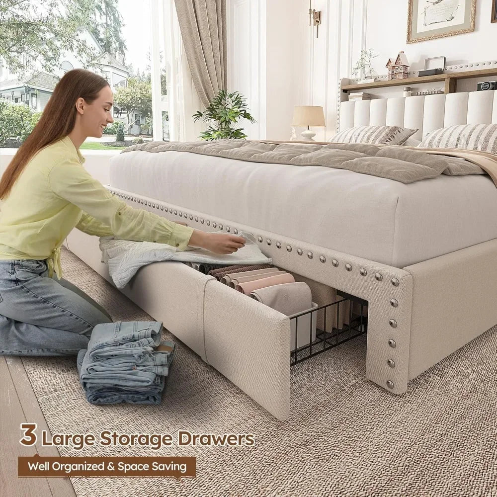 BEST SALE-Queen Bed Frame with 3 Drawers,Bed Frame Queen Size with Upholstered Headboard and Storage,2-Tier Shelves shed