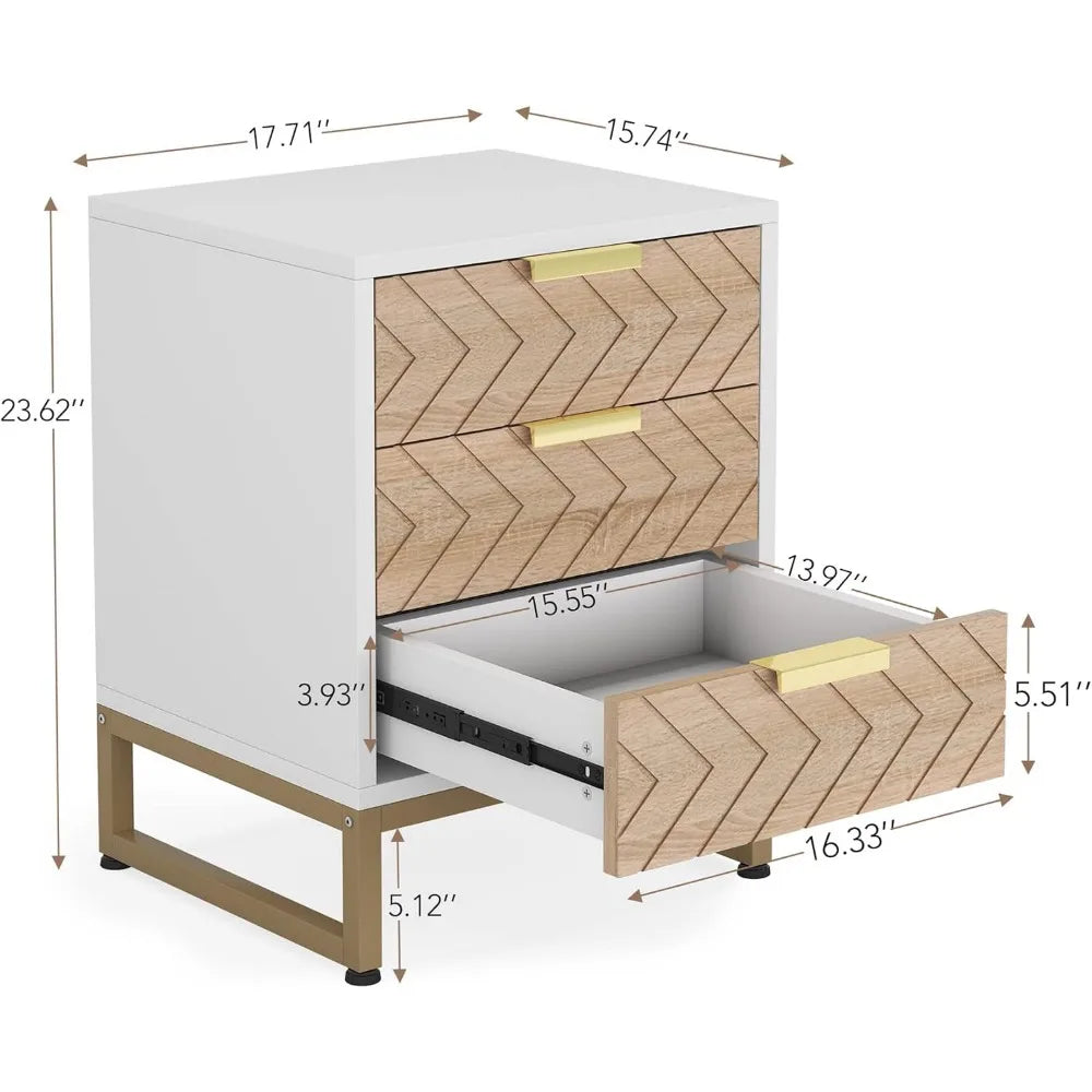 3 Drawers Nightstand Set of 2, Bedside Table with Unique Chevron Design, White End Side Table Night Stands with Gold Metal Legs